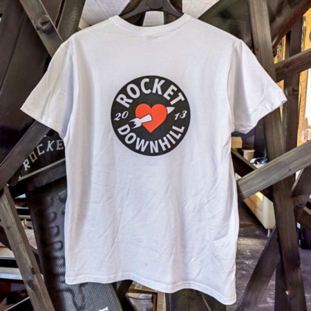 Our ROCKET Downhill Logo T-Shirt in white, available in sizes S to XXL. Picture of the back of the shirt.