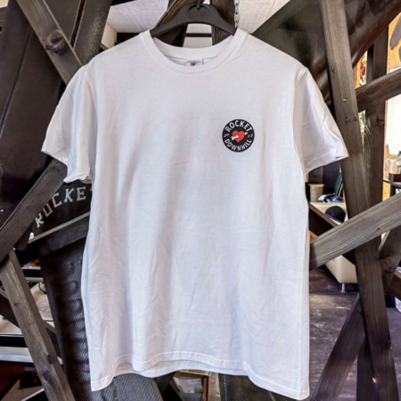 Our ROCKET Downhill Logo T-Shirt in white, available in sizes S to XXL. Picture of the back of the shirt.
